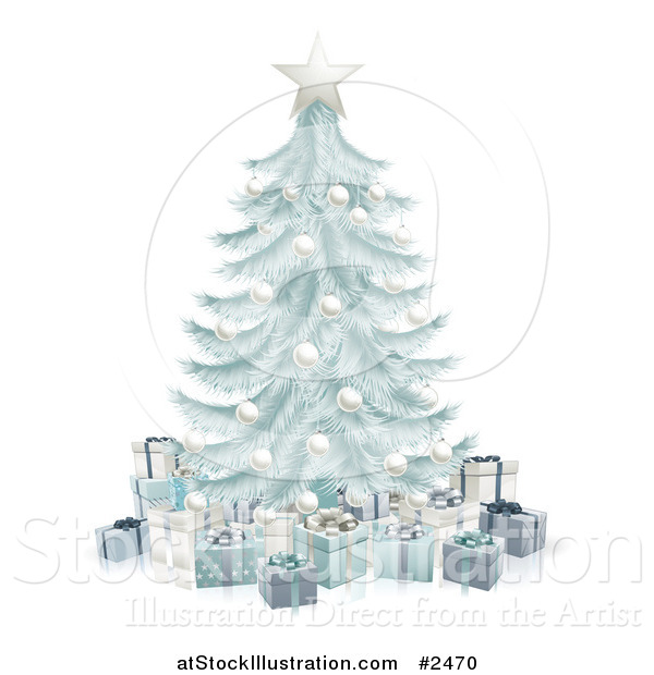 Vector Illustration of a 3d Silver Blue Christmas Tree with Gift Boxes