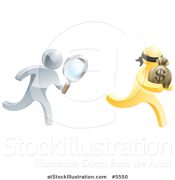 Vector Illustration of a 3d Silver Detective Chasing a Gold Robber with a Magnifying Glass