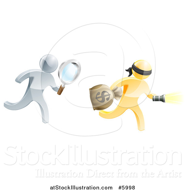 Vector Illustration of a 3d Silver Detective Chasing a Gold Robber with a Magnifying Glass