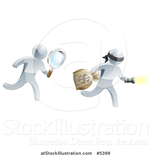 Vector Illustration of a 3d Silver Detective Chasing a Robber with a Magnifying Glass