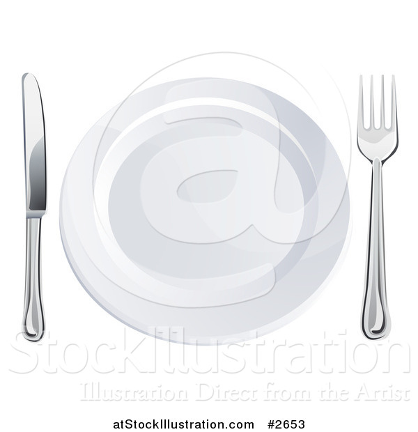 Vector Illustration of a 3d Silver Fork and Butter Knife by a White Plate