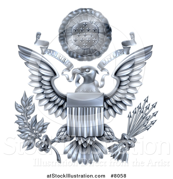 Vector Illustration of a 3d Silver Great Seal of the United States with a Bald Eagle Holding an Olive Branch and Arrows, an American Flag Body and E Pluribus Unum Scroll and Stars over His Head