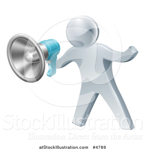 Vector Illustration of a 3d Silver Man Announcing with a Megaphone