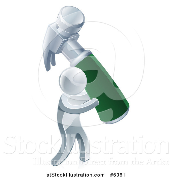 Vector Illustration of a 3d Silver Man Carrying a Giant Green Handled Hammer