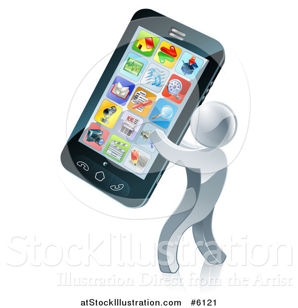 Vector Illustration of a 3d Silver Man Carrying a Giant Smart Phone