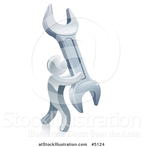Vector Illustration of a 3d Silver Man Carrying a Giant Spanner Wrench