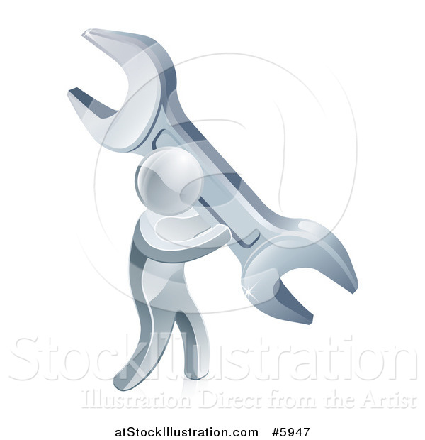 Vector Illustration of a 3d Silver Man Carrying a Giant Wrench