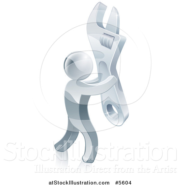 Vector Illustration of a 3d Silver Man Carrying a Large Adjustable Wrench