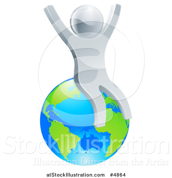 Vector Illustration of a 3d Silver Man Cheering and Sitting on Earth