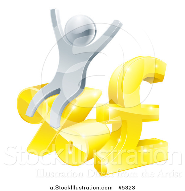 Vector Illustration of a 3d Silver Man Cheering and Sitting on Percent and Pound Sterling Symbols