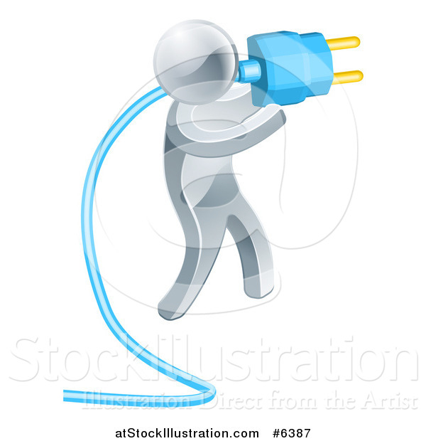 Vector Illustration of a 3d Silver Man Holding a Blue Electric Plug