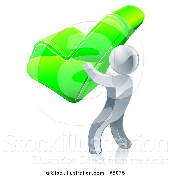 Vector Illustration of a 3d Silver Man Holding a Giant Green Check Mark