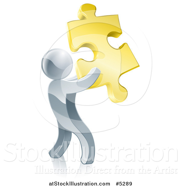 Vector Illustration of a 3d Silver Man Holding a Golden Puzzle Piece