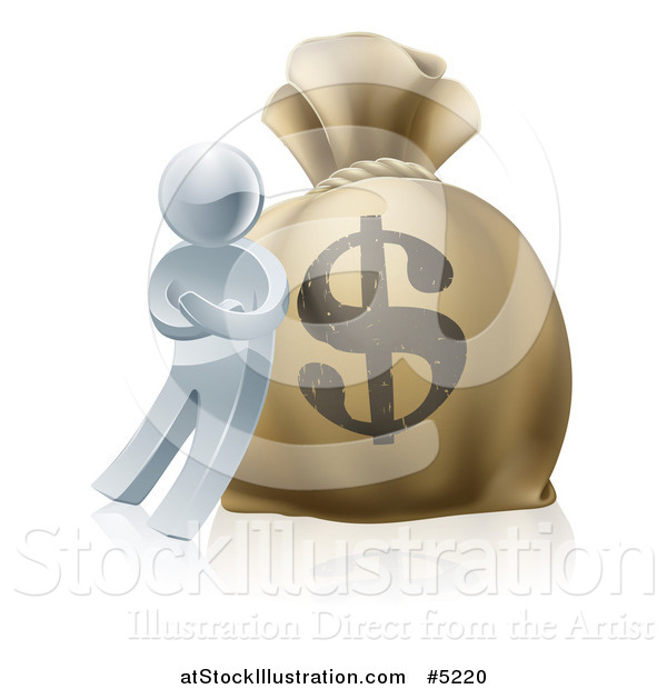 Vector Illustration of a 3d Silver Man Leaning Against a Giant Dollar Money Sack