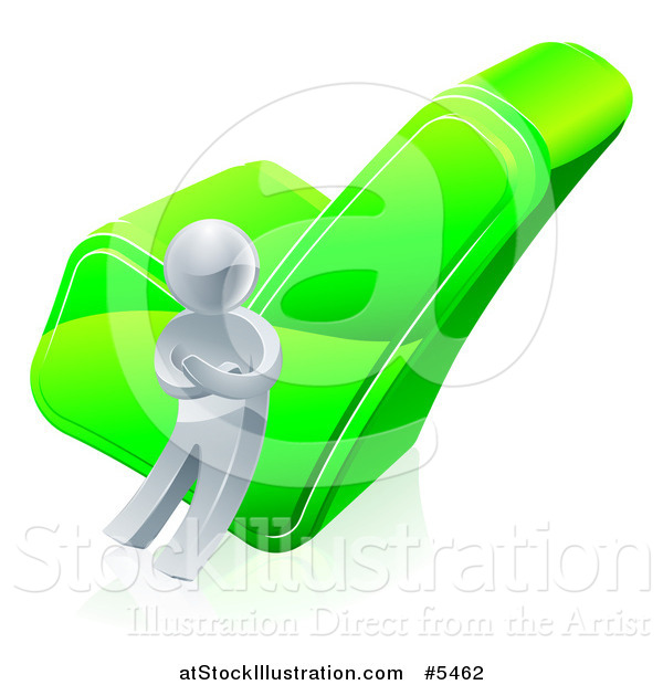 Vector Illustration of a 3d Silver Man Leaning Against a Green Check Mark