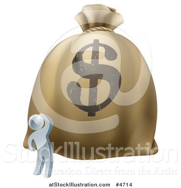 Vector Illustration of a 3d Silver Man Looking up at a Big Dollar Money Bag