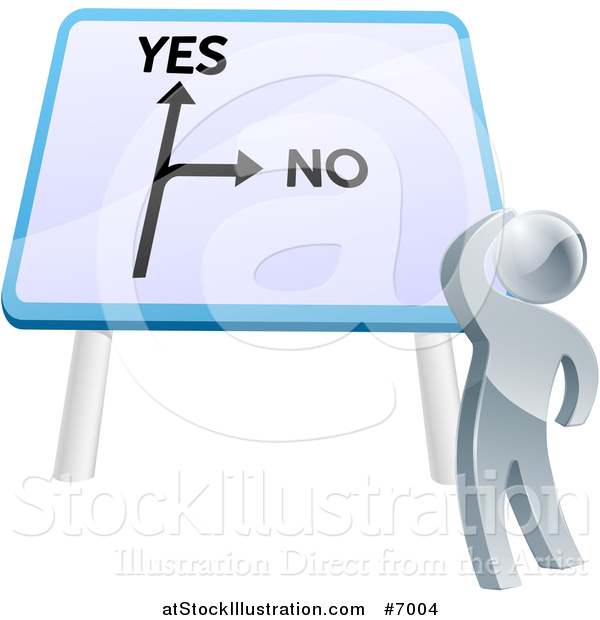 Vector Illustration of a 3d Silver Man Looking up at a Big Yes and No Billboard Sign and Thinking on Which Direction to Go