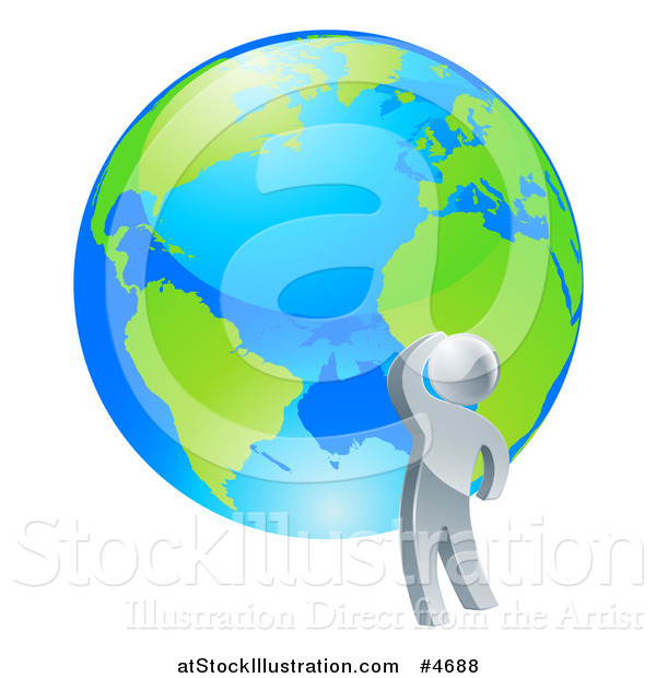 Vector Illustration of a 3d Silver Man Looking up at a Globe