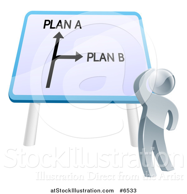 Vector Illustration of a 3d Silver Man Looking up at a Plan a or Plan B Sign