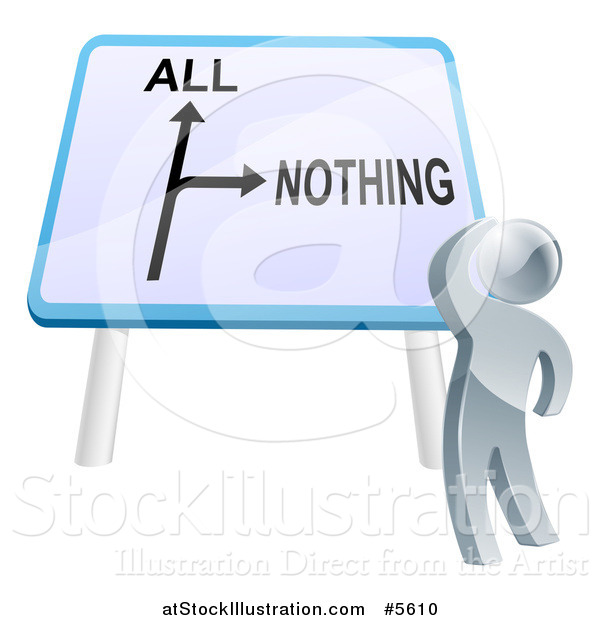 Vector Illustration of a 3d Silver Man Looking up at an All or Nothing Directional Sign