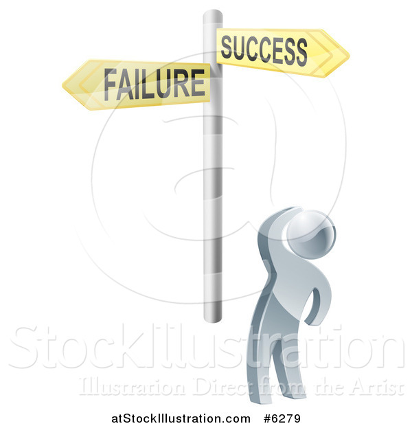 Vector Illustration of a 3d Silver Man Looking up at Failure and Success Option Street Signs