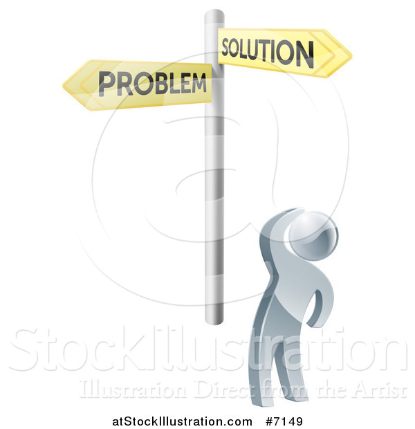 Vector Illustration of a 3d Silver Man Looking up at Gold Problem and Solution Crossroads Signs