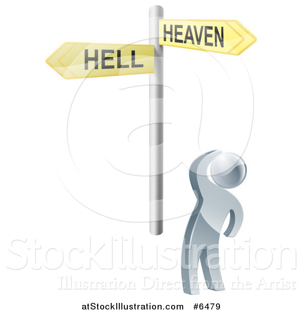 Vector Illustration of a 3d Silver Man Looking up at Heaven or Hell Arrow Cross Roads Signs