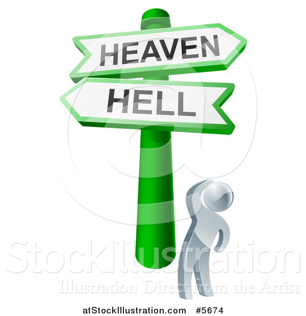 Vector Illustration of a 3d Silver Man Looking up at Heaven or Hell Arrow Signs