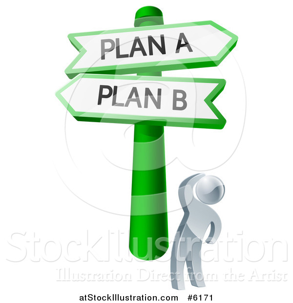 Vector Illustration of a 3d Silver Man Looking up at Plan a or B Crossroad Signs