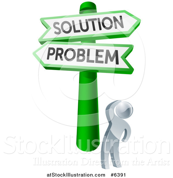 Vector Illustration of a 3d Silver Man Looking up at Problem and Solution Crossroads Signs