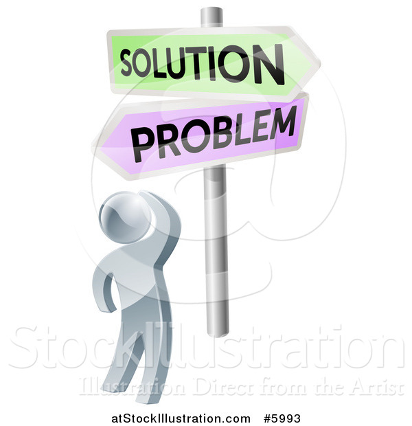 Vector Illustration of a 3d Silver Man Looking up at Problem and Solution Signs