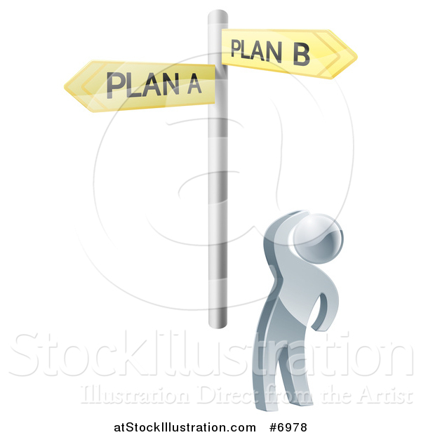 Vector Illustration of a 3d Silver Man Looking up at Yellow Plan a and Plan B Crossroad Signs