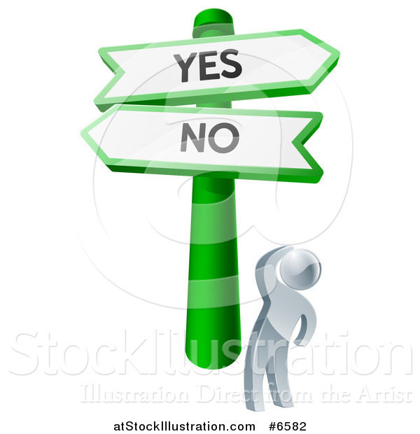 Vector Illustration of a 3d Silver Man Looking up at Yes and No Road Signs and Thinking on Which Direction to Go