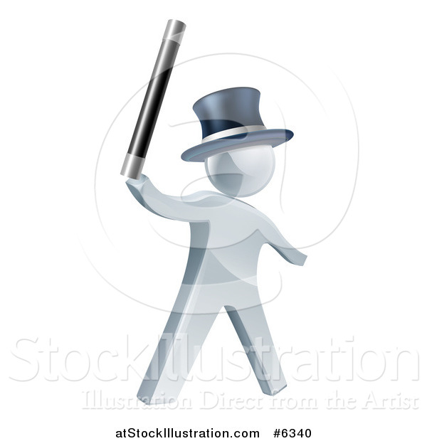 Vector Illustration of a 3d Silver Man Magician Holding up a Wand and Wearing a Top Hat
