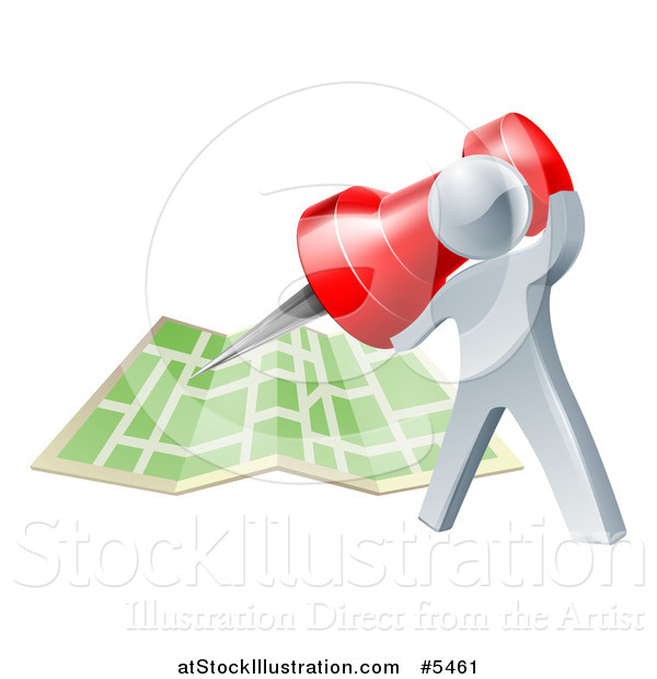 Vector Illustration of a 3d Silver Man Pinning a Location on a Map