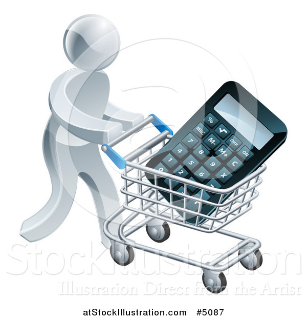 Vector Illustration of a 3d Silver Man Pushing a Calculator in a Shopping Cart