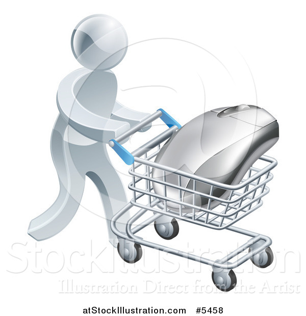 Vector Illustration of a 3d Silver Man Pushing a Computer Mouse in a Shopping Cart