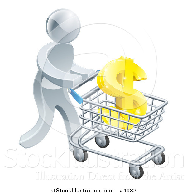 Vector Illustration of a 3d Silver Man Pushing a Dollar Symbol in a Shopping Cart