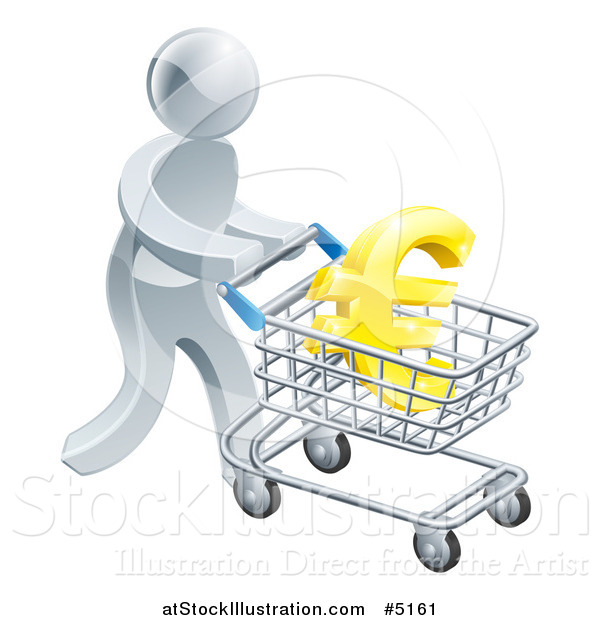 Vector Illustration of a 3d Silver Man Pushing a Euro in a Shopping Cart