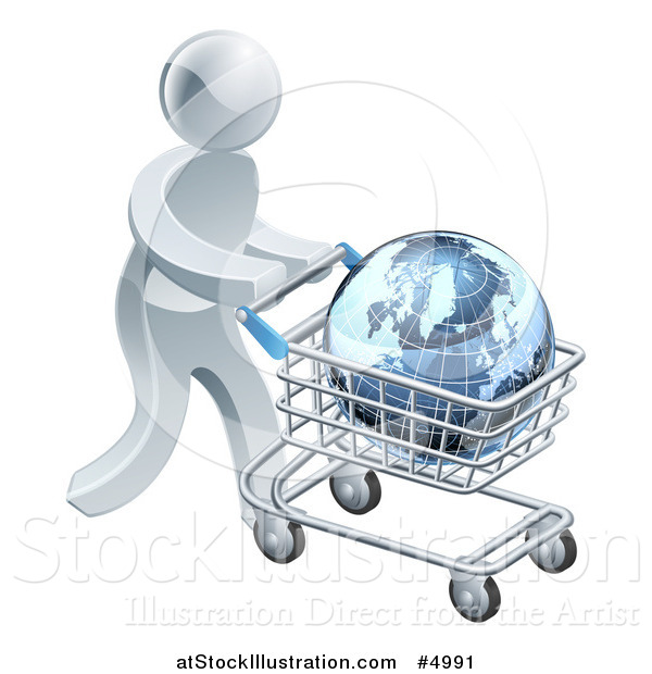 Vector Illustration of a 3d Silver Man Pushing a Globe in a Shopping Cart