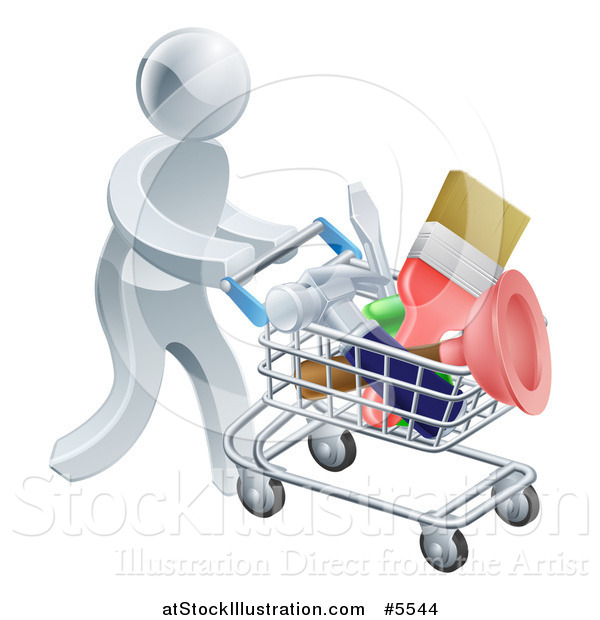 Vector Illustration of a 3d Silver Man Pushing a Shopping Cart Packed with Tools