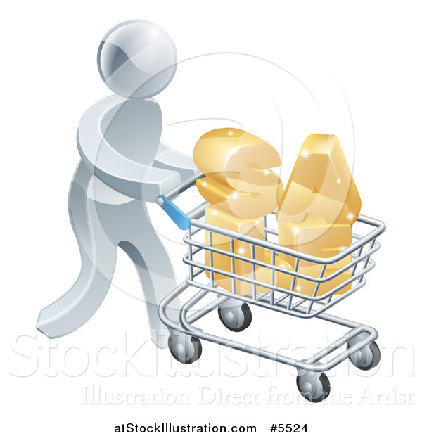 Vector Illustration of a 3d Silver Man Pushing SALE in a Shopping Cart