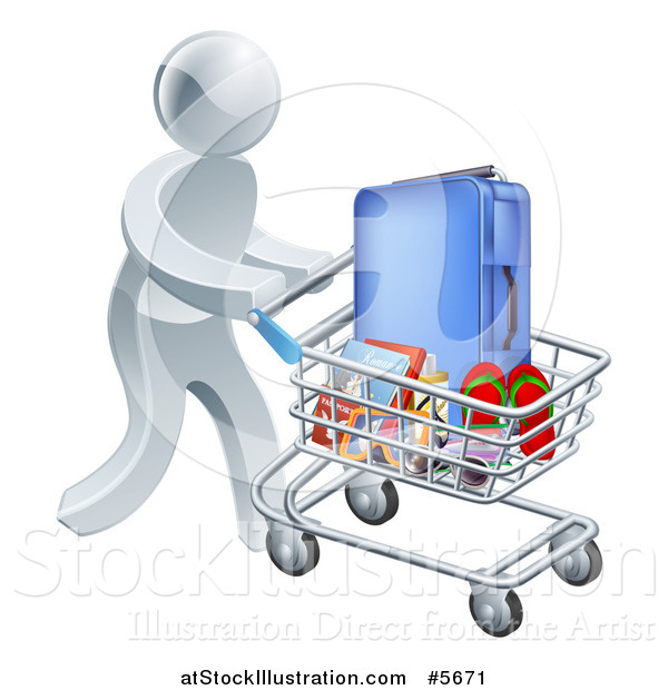 Vector Illustration of a 3d Silver Man Pushing Travel Accessories in a Shopping Cart