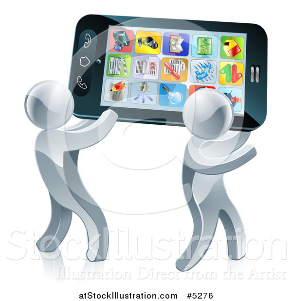 Vector Illustration of a 3d Silver Men Carrying a Giant Smartphone