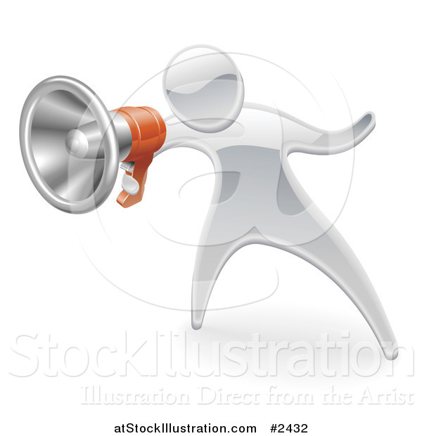 Vector Illustration of a 3d Silver Person Announcing with a Megaphone