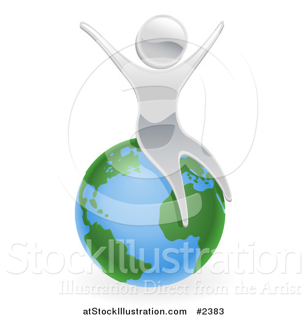 Vector Illustration of a 3d Silver Person Celebrating on Top of the World