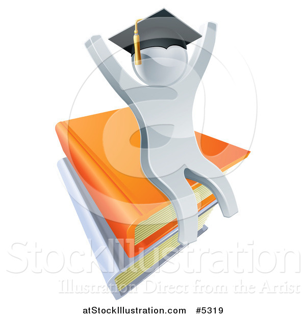 Vector Illustration of a 3d Silver Person Graduate Cheering and Sitting on a Stack of Books