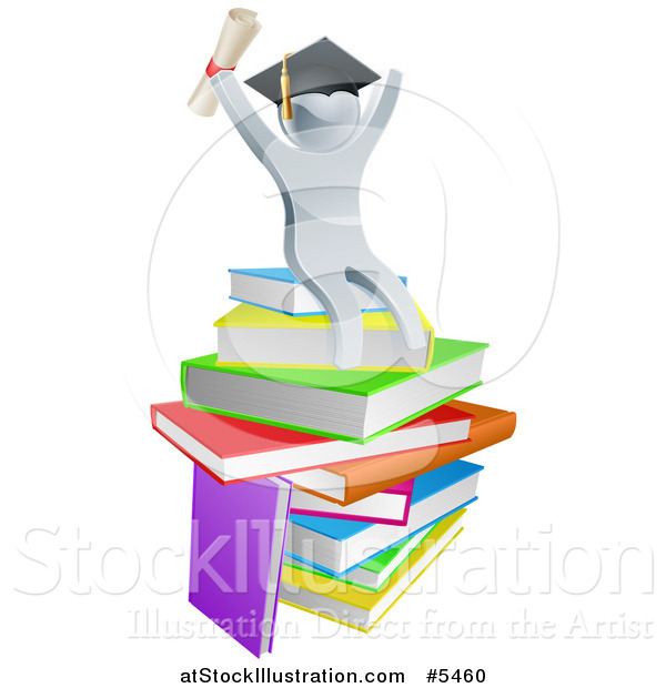 Vector Illustration of a 3d Silver Person Graduate Cheering, Holding a Diploma and Sitting on a Stack of Books
