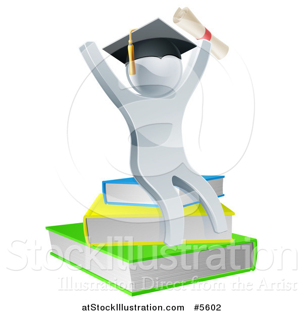 Vector Illustration of a 3d Silver Person Graduate Cheering with a Diploma and Sitting on a Stack of Books