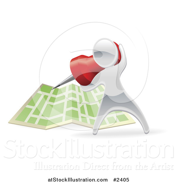 Vector Illustration of a 3d Silver Person Pinning a Location on a Map